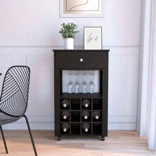 39 H black bar - coffee cart, Kitchen or living room cabinet storage, with 12 bottle racks, a central shelf with 1 Cup holders, 1 drawer storing small things