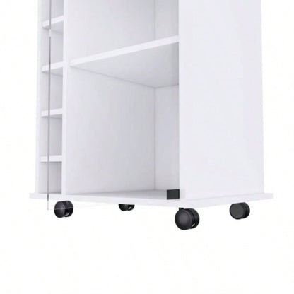 Bar Cart Baltimore, Six Wine Cubbies, Glass Door, Four Caster, Two Shelves, White