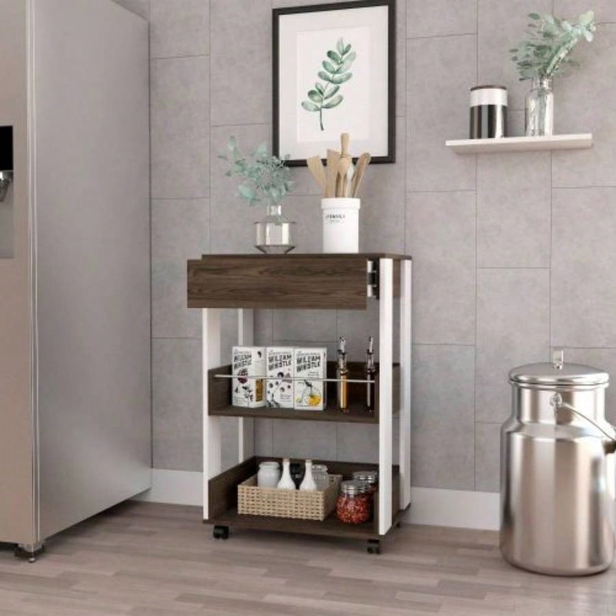 Modern Kitchen Cart 35 H, Four Casters, Three Shelves, White/ Dark Walnut