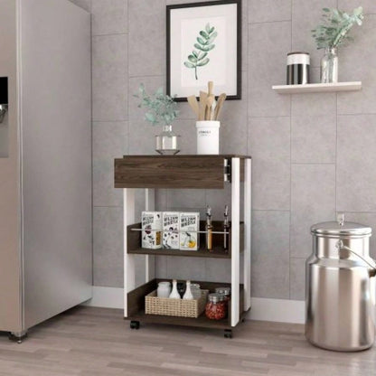 Modern Kitchen Cart 35 H, Four Casters, Three Shelves, White/ Dark Walnut