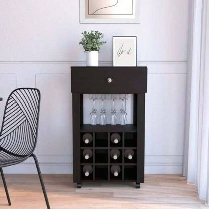 39 H black bar - coffee cart, Kitchen or living room cabinet storage, with 12 bottle racks, a central shelf with 1 Cup holders, 1 drawer storing small things