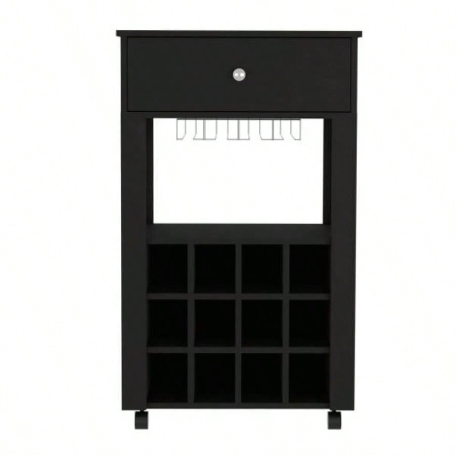 39 H black bar - coffee cart, Kitchen or living room cabinet storage, with 12 bottle racks, a central shelf with 1 Cup holders, 1 drawer storing small things
