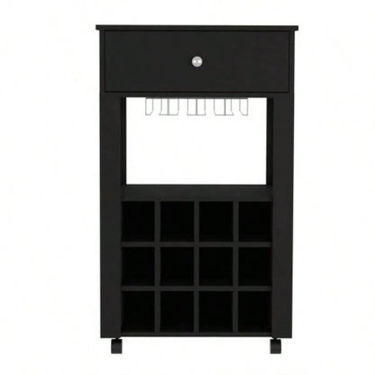 39 H black bar - coffee cart, Kitchen or living room cabinet storage, with 12 bottle racks, a central shelf with 1 Cup holders, 1 drawer storing small things