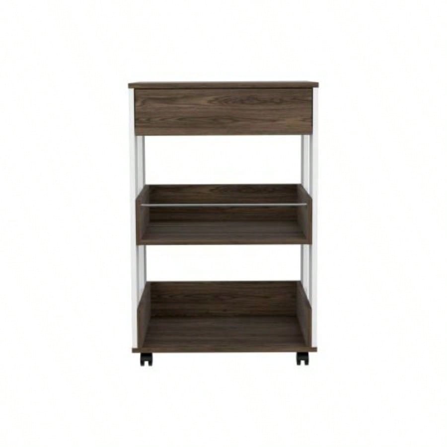Modern Kitchen Cart 35 H, Four Casters, Three Shelves, White/ Dark Walnut