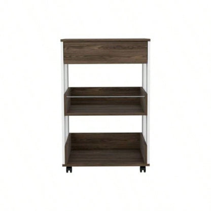 Modern Kitchen Cart 35 H, Four Casters, Three Shelves, White/ Dark Walnut