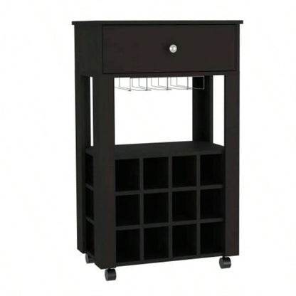 39 H black bar - coffee cart, Kitchen or living room cabinet storage, with 12 bottle racks, a central shelf with 1 Cup holders, 1 drawer storing small things