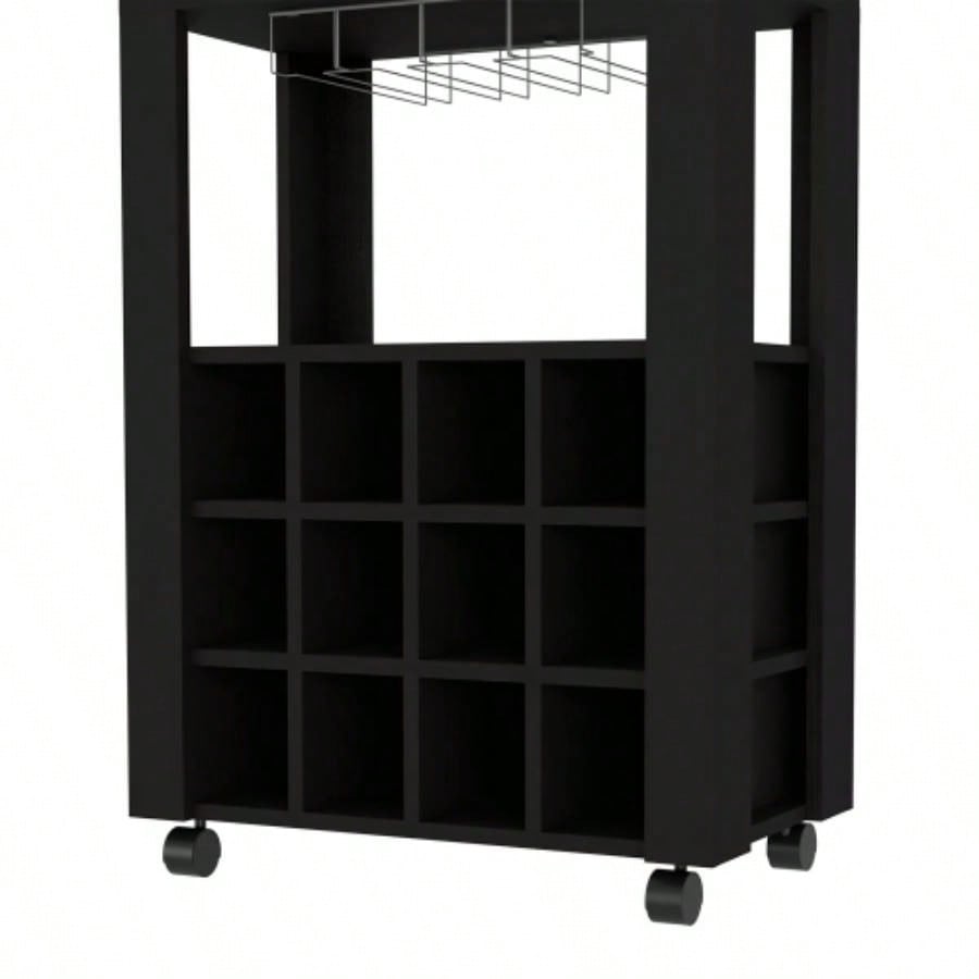 39 H black bar - coffee cart, Kitchen or living room cabinet storage, with 12 bottle racks, a central shelf with 1 Cup holders, 1 drawer storing small things