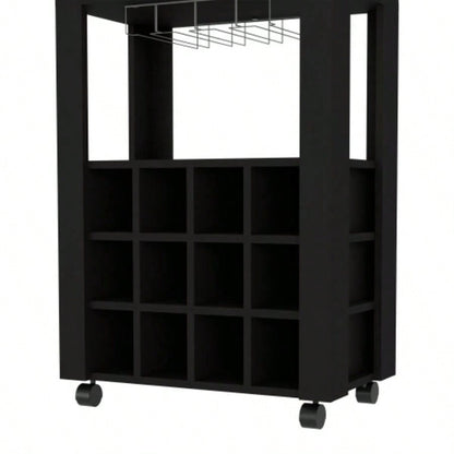 39 H black bar - coffee cart, Kitchen or living room cabinet storage, with 12 bottle racks, a central shelf with 1 Cup holders, 1 drawer storing small things