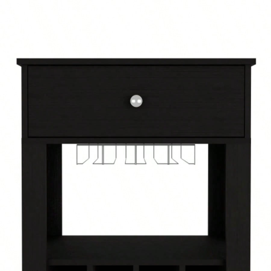 39 H black bar - coffee cart, Kitchen or living room cabinet storage, with 12 bottle racks, a central shelf with 1 Cup holders, 1 drawer storing small things