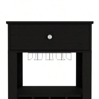 39 H black bar - coffee cart, Kitchen or living room cabinet storage, with 12 bottle racks, a central shelf with 1 Cup holders, 1 drawer storing small things