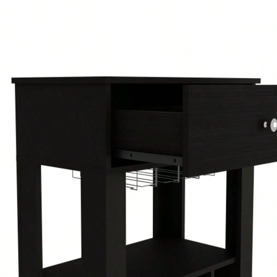 39 H black bar - coffee cart, Kitchen or living room cabinet storage, with 12 bottle racks, a central shelf with 1 Cup holders, 1 drawer storing small things