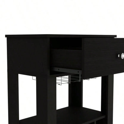 39 H black bar - coffee cart, Kitchen or living room cabinet storage, with 12 bottle racks, a central shelf with 1 Cup holders, 1 drawer storing small things