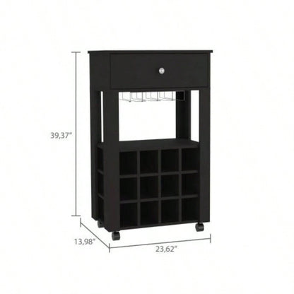 39 H black bar - coffee cart, Kitchen or living room cabinet storage, with 12 bottle racks, a central shelf with 1 Cup holders, 1 drawer storing small things