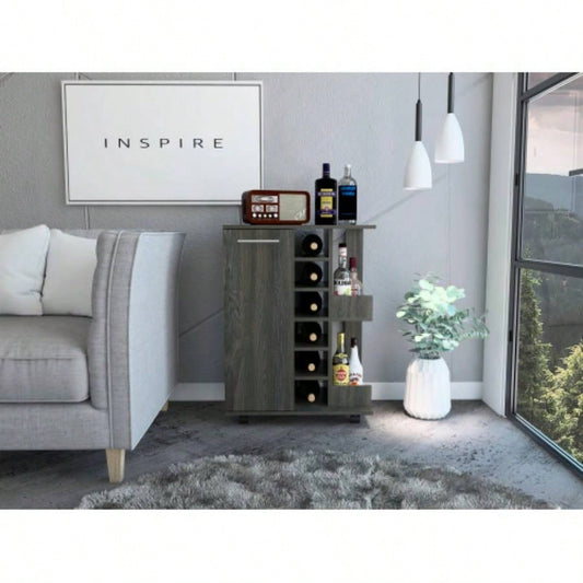 Bar Cart, One Cabinet With Division, Six Cubbies Liquor, Two Shelves