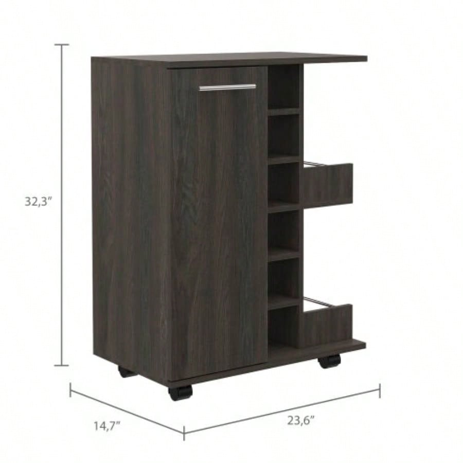 Bar Cart, One Cabinet With Division, Six Cubbies Liquor, Two Shelves