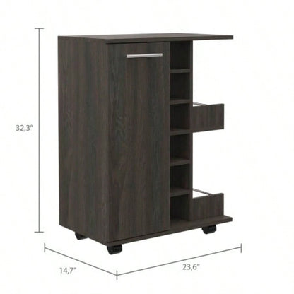 Bar Cart, One Cabinet With Division, Six Cubbies Liquor, Two Shelves