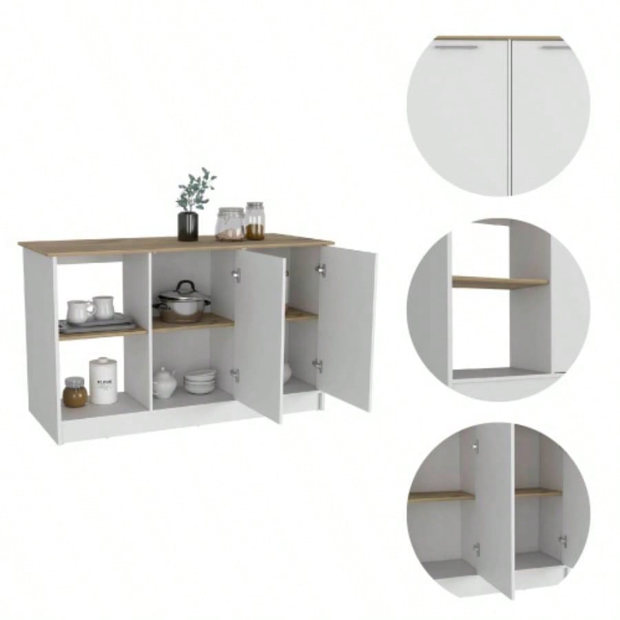 Kitchen Island with Large Countertop, Open Storage Shelves and Double Door Cabinet, White/ Light Oak