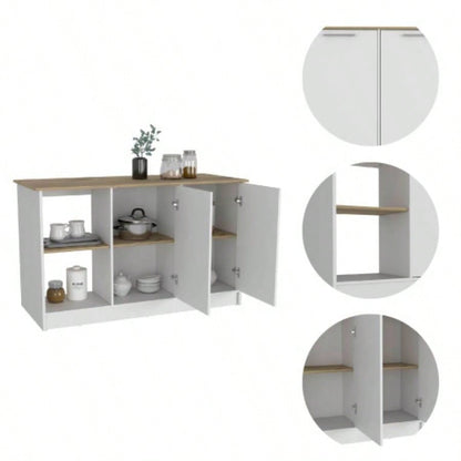 Kitchen Island with Large Countertop, Open Storage Shelves and Double Door Cabinet, White/ Light Oak