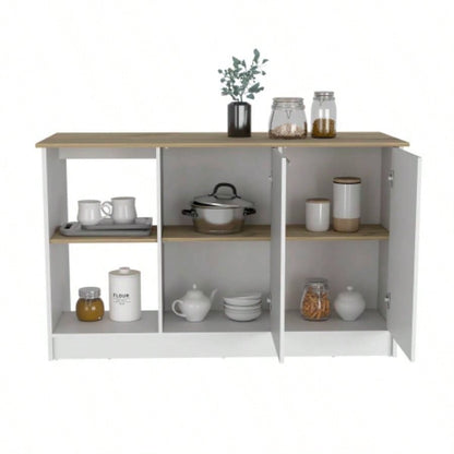 Kitchen Island with Large Countertop, Open Storage Shelves and Double Door Cabinet, White/ Light Oak