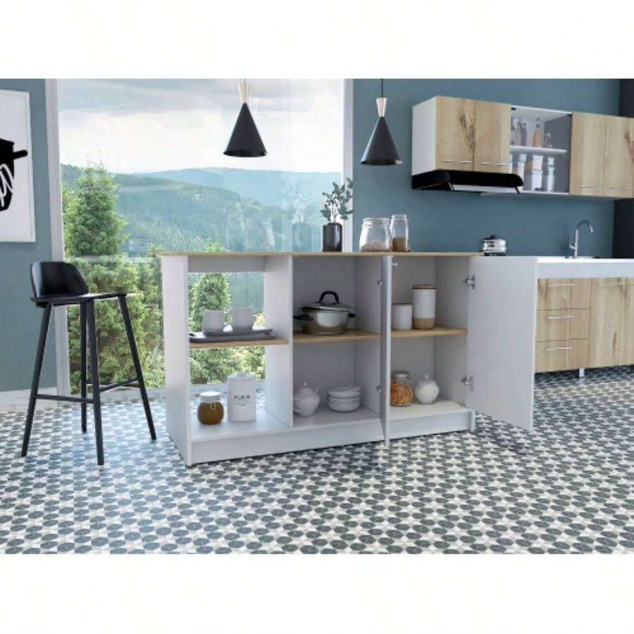 Kitchen Island with Large Countertop, Open Storage Shelves and Double Door Cabinet, White/ Light Oak