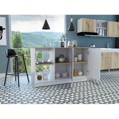 Kitchen Island with Large Countertop, Open Storage Shelves and Double Door Cabinet, White/ Light Oak