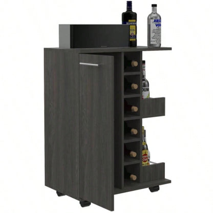 Bar Cart, One Cabinet With Division, Six Cubbies Liquor, Two Shelves