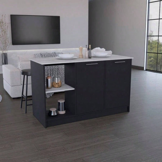 Kitchen Island with Large Countertop, Open Storage Shelves and Double Door Cabinet, Black/ Onyx