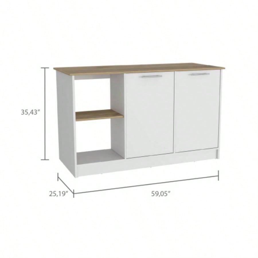 Kitchen Island with Large Countertop, Open Storage Shelves and Double Door Cabinet, White/ Light Oak