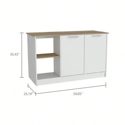 Kitchen Island with Large Countertop, Open Storage Shelves and Double Door Cabinet, White/ Light Oak