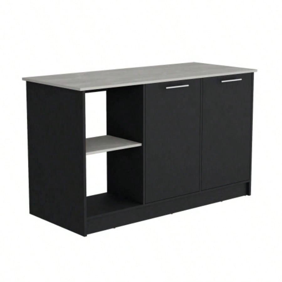 Kitchen Island with Large Countertop, Open Storage Shelves and Double Door Cabinet, Black/ Onyx