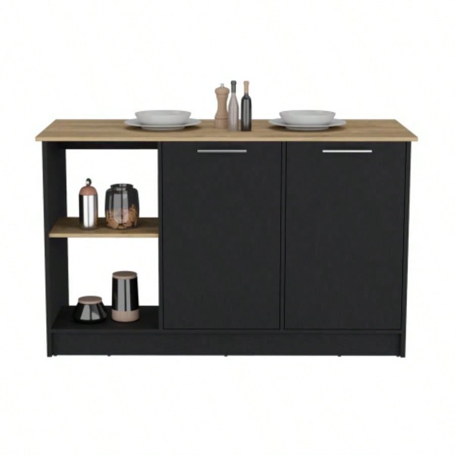 Kitchen Island with Large Countertop, Open Storage Shelves and Double Door Cabinet, Black/ Macadamia