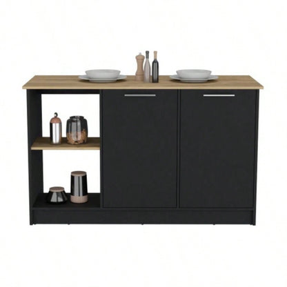 Kitchen Island with Large Countertop, Open Storage Shelves and Double Door Cabinet, Black/ Macadamia