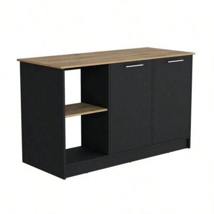Kitchen Island with Large Countertop, Open Storage Shelves and Double Door Cabinet, Black/ Macadamia