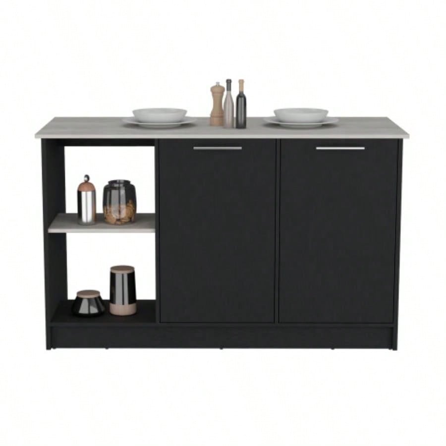 Kitchen Island with Large Countertop, Open Storage Shelves and Double Door Cabinet, Black/ Onyx