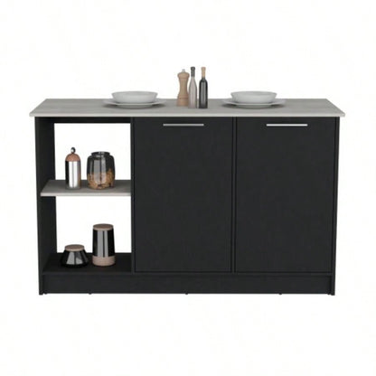 Kitchen Island with Large Countertop, Open Storage Shelves and Double Door Cabinet, Black/ Onyx
