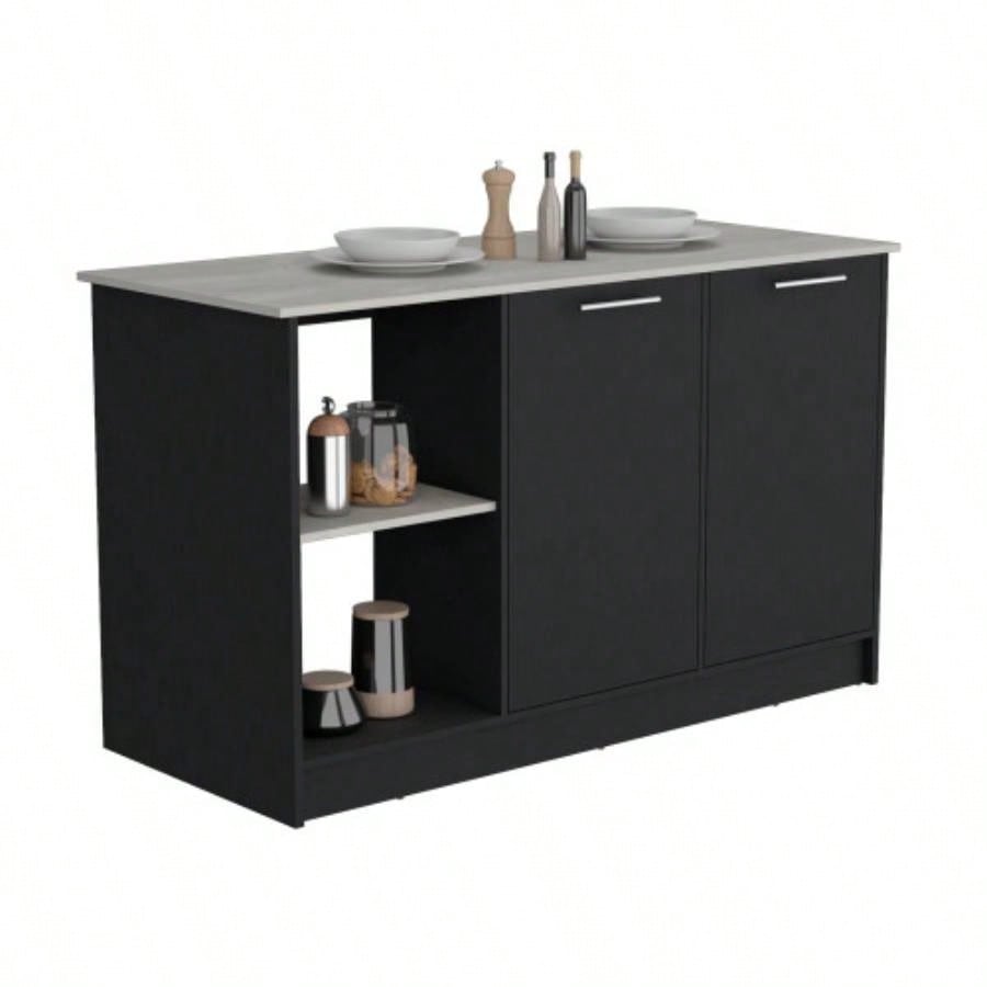 Kitchen Island with Large Countertop, Open Storage Shelves and Double Door Cabinet, Black/ Onyx