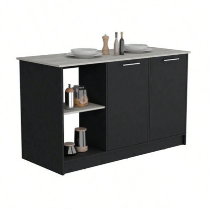 Kitchen Island with Large Countertop, Open Storage Shelves and Double Door Cabinet, Black/ Onyx