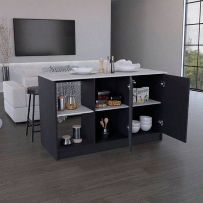 Kitchen Island with Large Countertop, Open Storage Shelves and Double Door Cabinet, Black/ Onyx