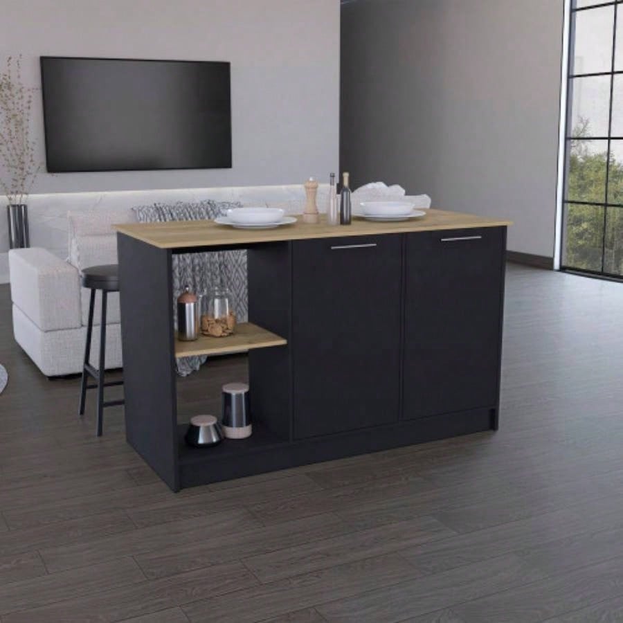 Kitchen Island with Large Countertop, Open Storage Shelves and Double Door Cabinet, Black/ Macadamia