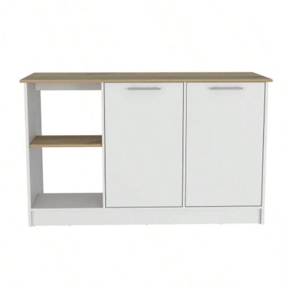 Kitchen Island with Large Countertop, Open Storage Shelves and Double Door Cabinet, White/ Light Oak