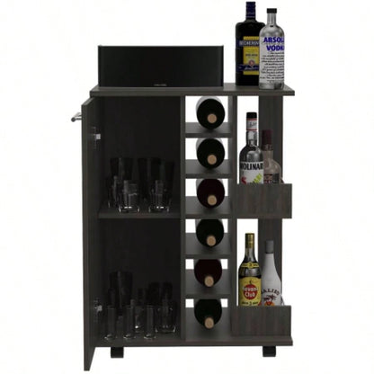 Bar Cart, One Cabinet With Division, Six Cubbies Liquor, Two Shelves