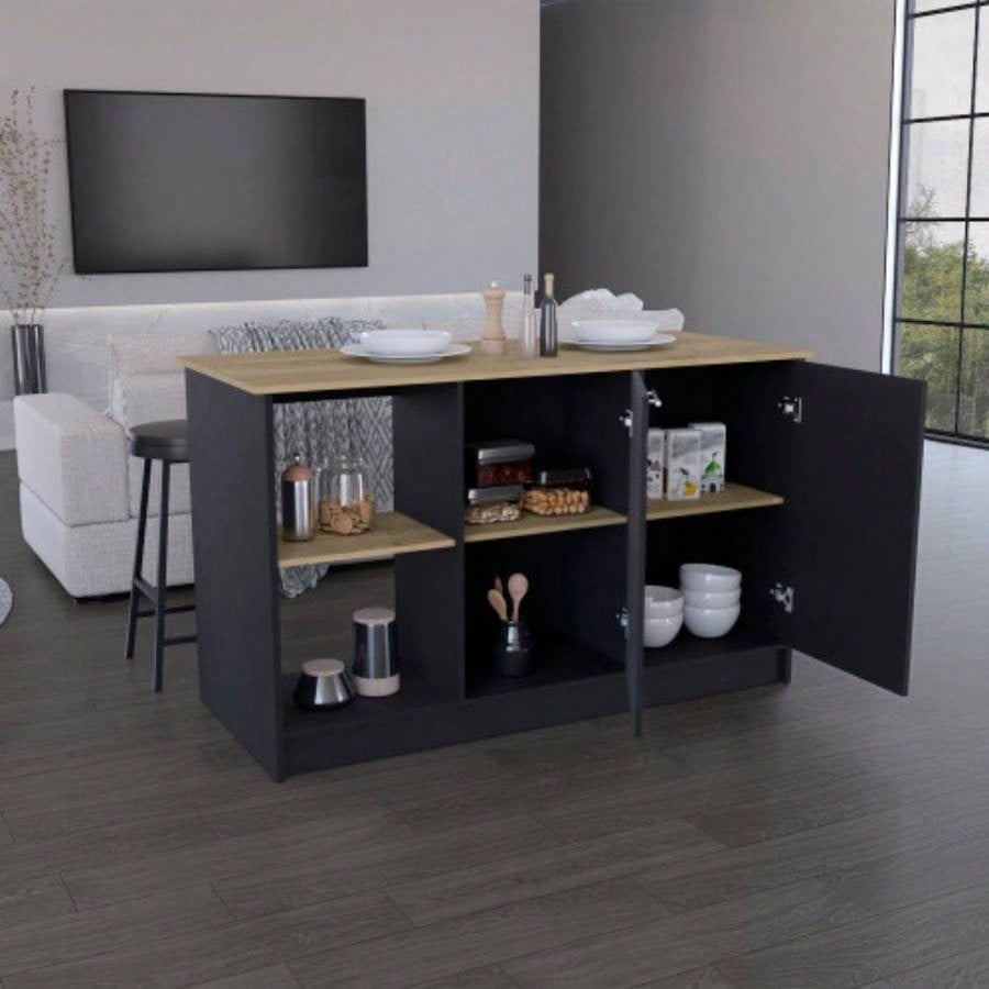 Kitchen Island with Large Countertop, Open Storage Shelves and Double Door Cabinet, Black/ Macadamia