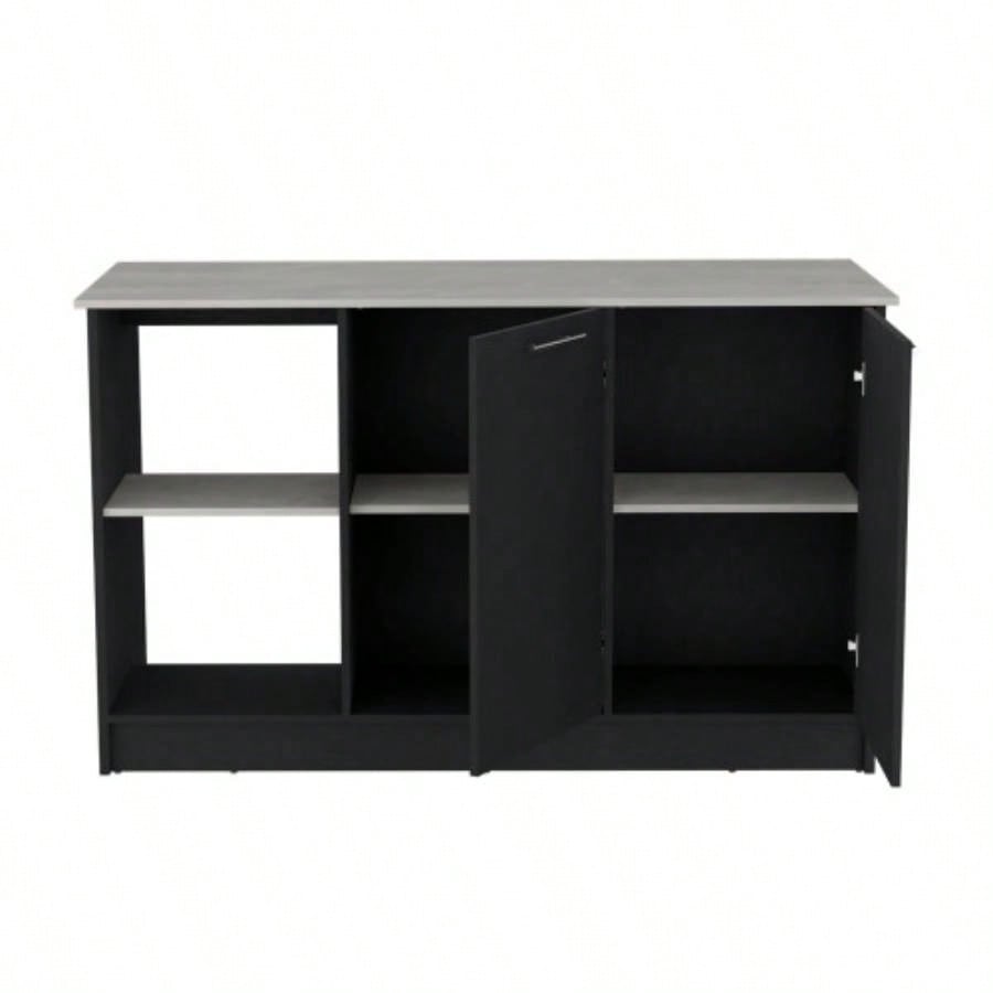 Kitchen Island with Large Countertop, Open Storage Shelves and Double Door Cabinet, Black/ Onyx