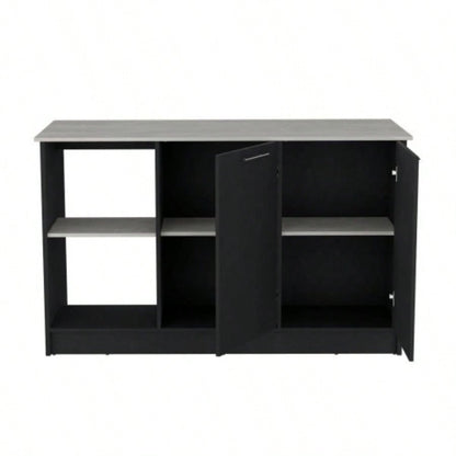 Kitchen Island with Large Countertop, Open Storage Shelves and Double Door Cabinet, Black/ Onyx