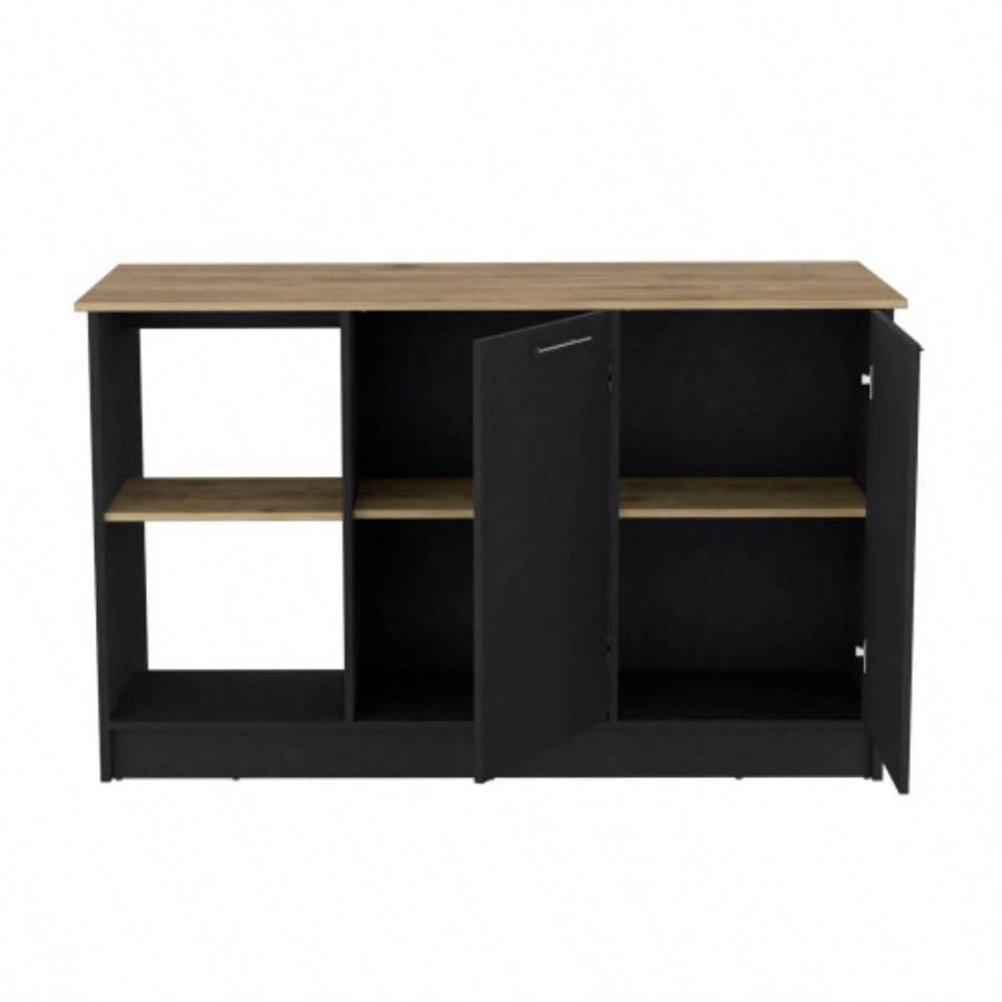 Kitchen Island with Large Countertop, Open Storage Shelves and Double Door Cabinet, Black/ Macadamia