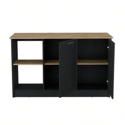 Kitchen Island with Large Countertop, Open Storage Shelves and Double Door Cabinet, Black/ Macadamia