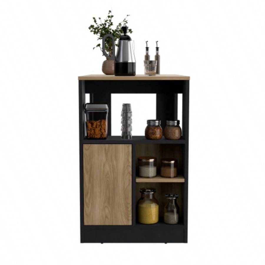 Kitchen Island 36 H, Three Open Side Storage Shelves and One Push - to - Open Cabinet, Black/ Natural Oak