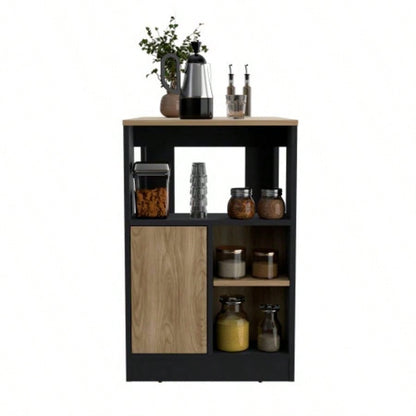 Kitchen Island 36 H, Three Open Side Storage Shelves and One Push - to - Open Cabinet, Black/ Natural Oak