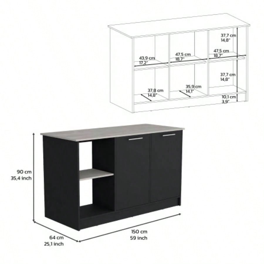 Kitchen Island with Large Countertop, Open Storage Shelves and Double Door Cabinet, Black/ Onyx