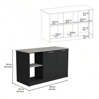 Kitchen Island with Large Countertop, Open Storage Shelves and Double Door Cabinet, Black/ Onyx